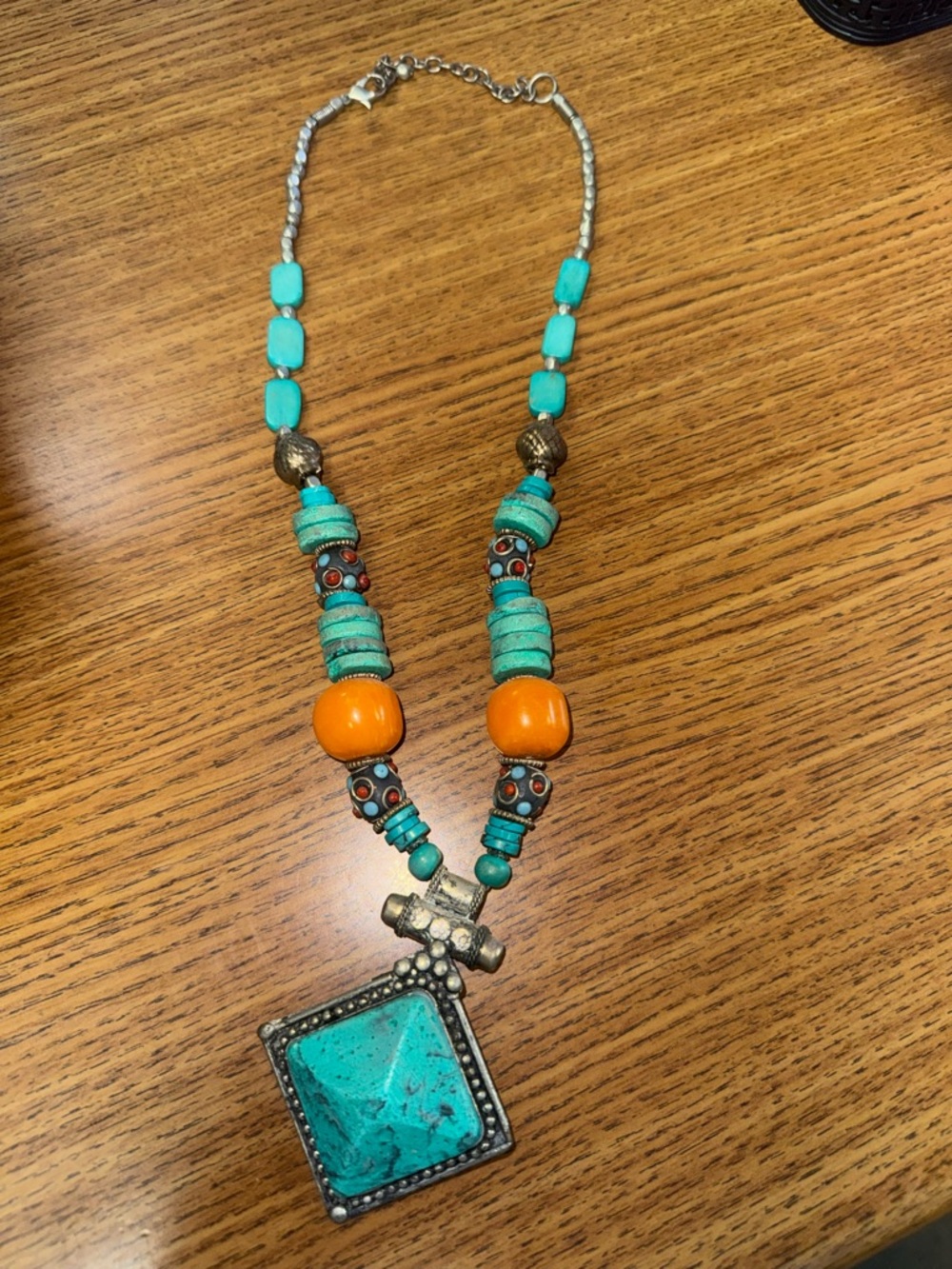 Turquoise & Orange Beaded Pendant Necklace - Boho Statement